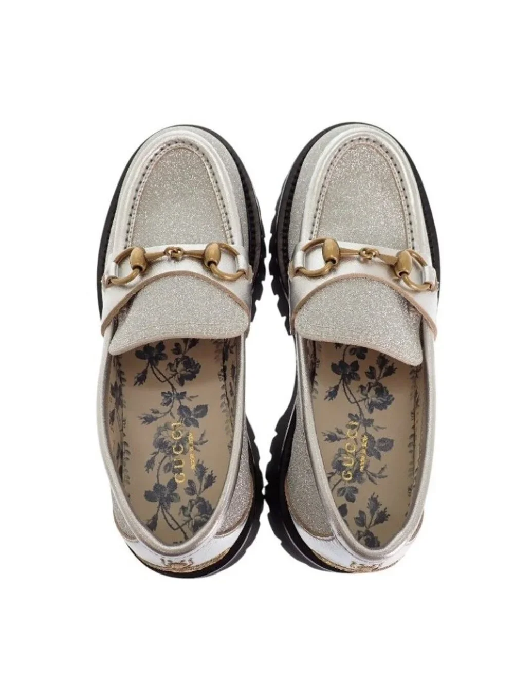 Gucci Horsebit Bee Loafers Shoes 36.5 Thick Sole Calfskin Metallic Silver Gold